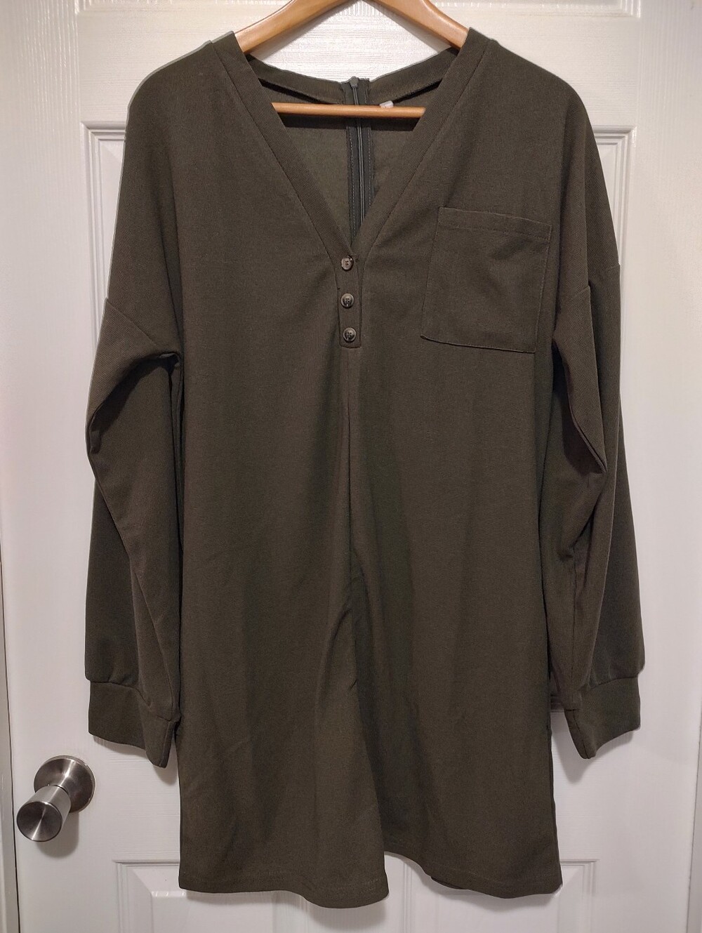 Women's Olive Green V-Neck Romper with Button Placket